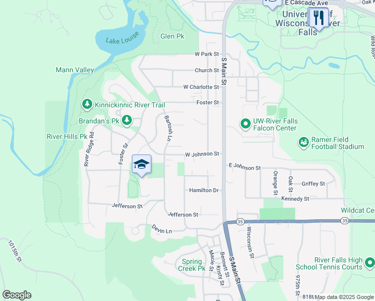 map of restaurants, bars, coffee shops, grocery stores, and more near 287 West Johnson Street in River Falls