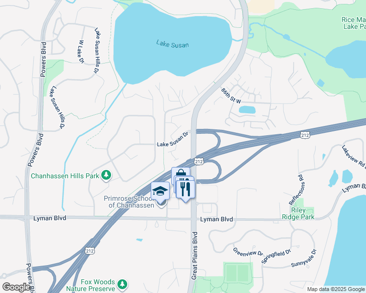 map of restaurants, bars, coffee shops, grocery stores, and more near 721 Lake Susan Drive in Chanhassen