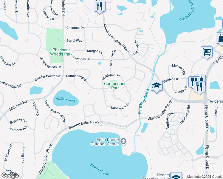 map of restaurants, bars, coffee shops, grocery stores, and more near 8750 Hawthorne Drive in Eden Prairie