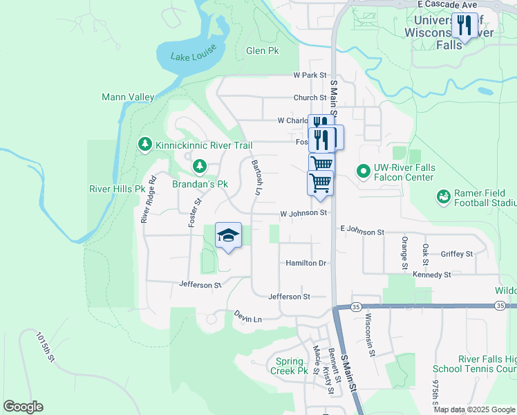 map of restaurants, bars, coffee shops, grocery stores, and more near 1240 Bartosh Lane in River Falls