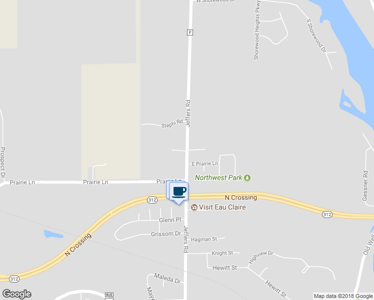 map of restaurants, bars, coffee shops, grocery stores, and more near 4592 Jeffers Road in Eau Claire