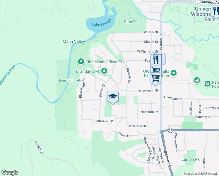 map of restaurants, bars, coffee shops, grocery stores, and more near 717 High Ridge Road in River Falls