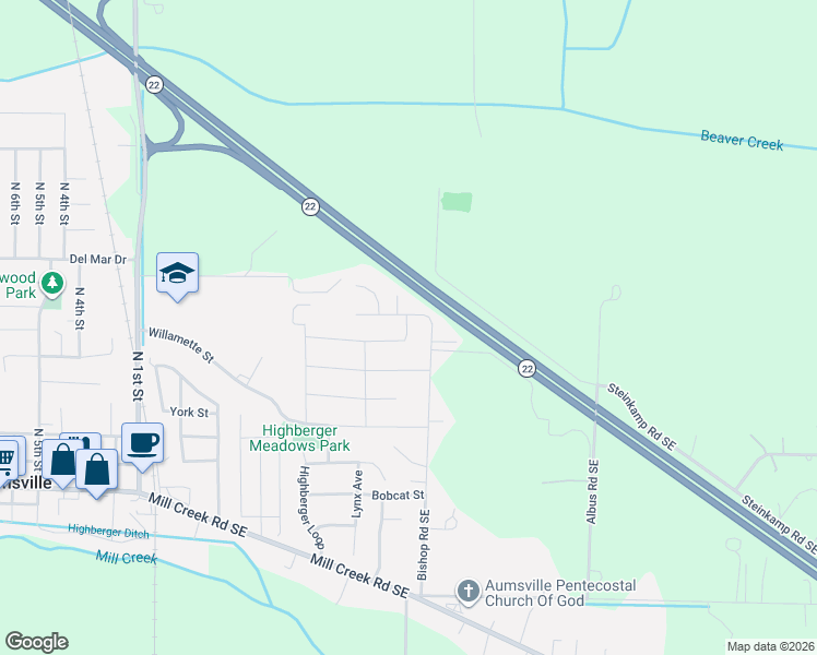 map of restaurants, bars, coffee shops, grocery stores, and more near 9972 Shayla Street in Aumsville