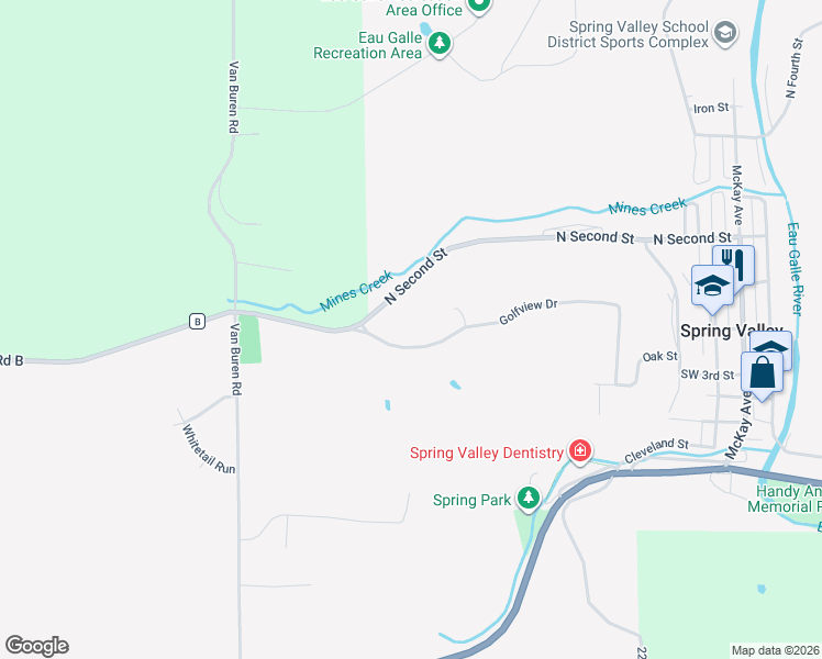 map of restaurants, bars, coffee shops, grocery stores, and more near W875 Evergreen Court in Spring Valley