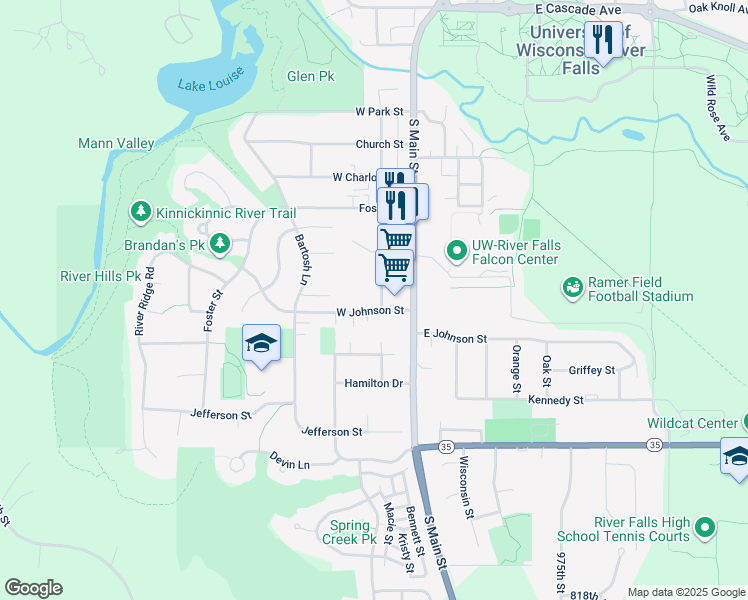 map of restaurants, bars, coffee shops, grocery stores, and more near 1143 State Street in River Falls