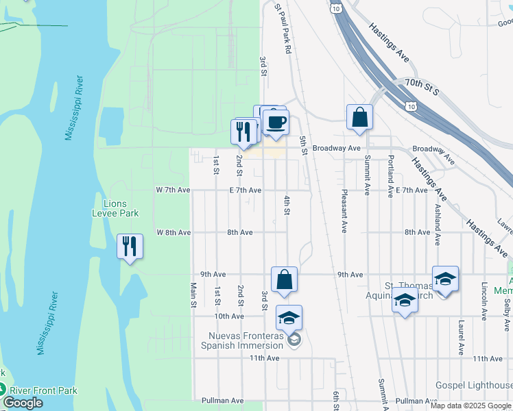 map of restaurants, bars, coffee shops, grocery stores, and more near 717 3rd Street in Saint Paul Park