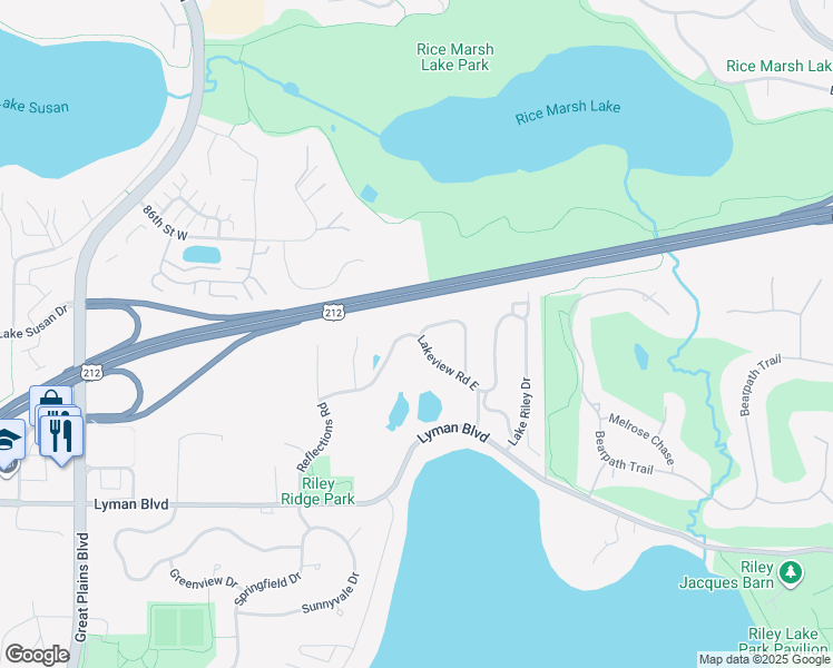 map of restaurants, bars, coffee shops, grocery stores, and more near 185 Lakeview Road East in Chanhassen