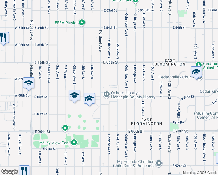 map of restaurants, bars, coffee shops, grocery stores, and more near 8715 Portland Avenue South in Bloomington