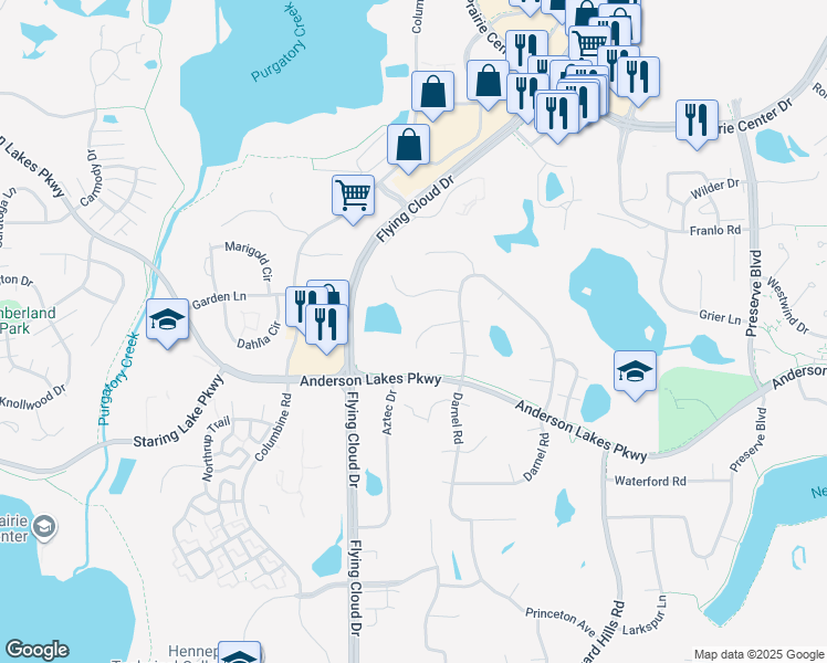 map of restaurants, bars, coffee shops, grocery stores, and more near 12650 Tussock Court in Eden Prairie