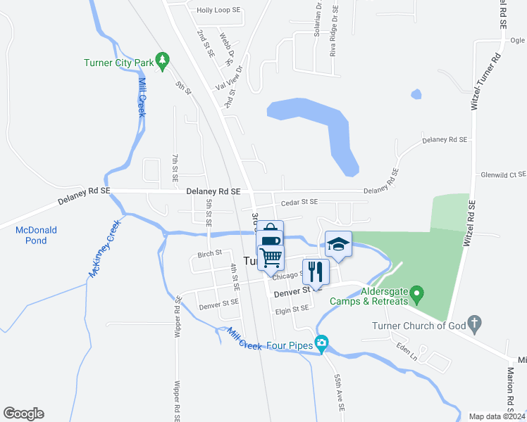 map of restaurants, bars, coffee shops, grocery stores, and more near 5280 Cedar Street Southeast in Turner