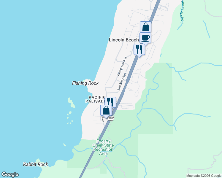 map of restaurants, bars, coffee shops, grocery stores, and more near 3550 Evergreen Avenue in Depoe Bay