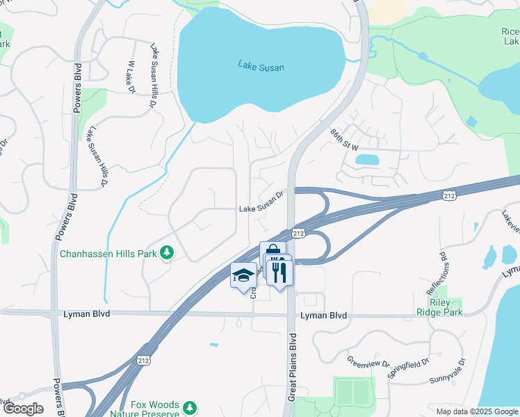 map of restaurants, bars, coffee shops, grocery stores, and more near Lake Susan Drive in Chanhassen
