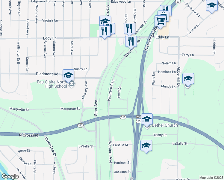 map of restaurants, bars, coffee shops, grocery stores, and more near 2665 Western Avenue in Eau Claire