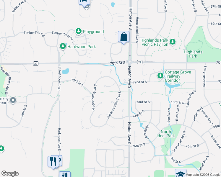 map of restaurants, bars, coffee shops, grocery stores, and more near 7657 72nd Street Court South in Cottage Grove