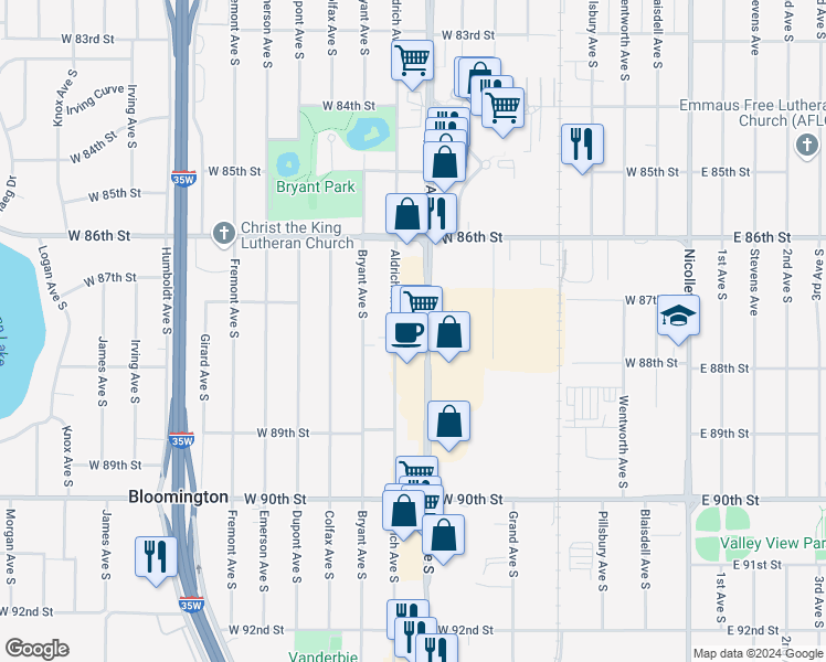 map of restaurants, bars, coffee shops, grocery stores, and more near 8714 Lyndale Avenue South in Minneapolis