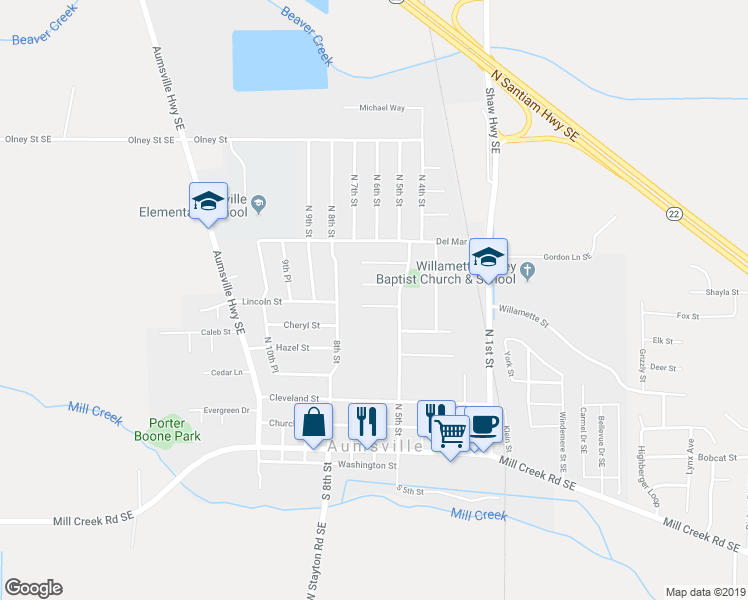 map of restaurants, bars, coffee shops, grocery stores, and more near 625 Locust Street in Aumsville
