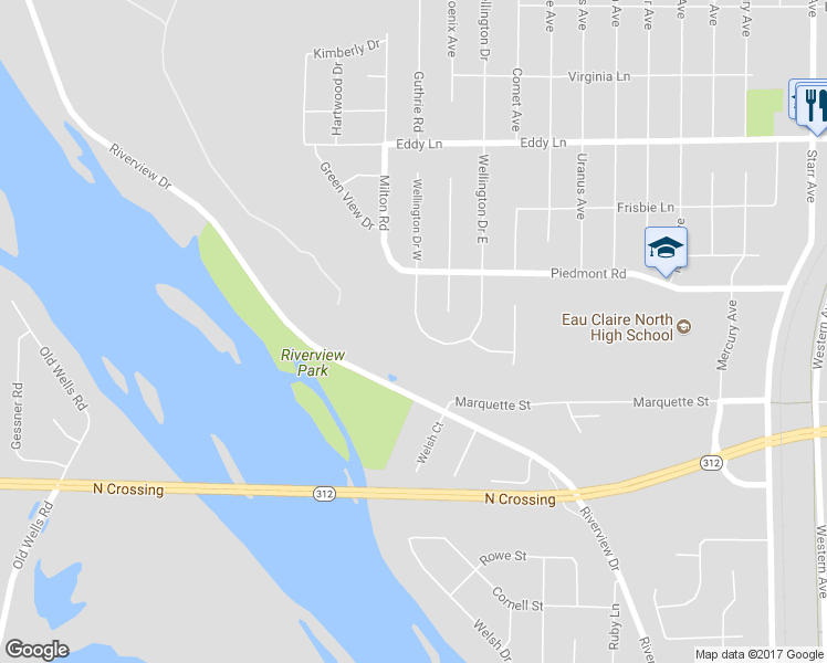 map of restaurants, bars, coffee shops, grocery stores, and more near 2722 Wellington Drive West in Eau Claire