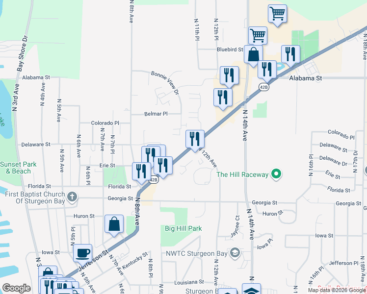 map of restaurants, bars, coffee shops, grocery stores, and more near 938 Egg Harbor Road in Sturgeon Bay