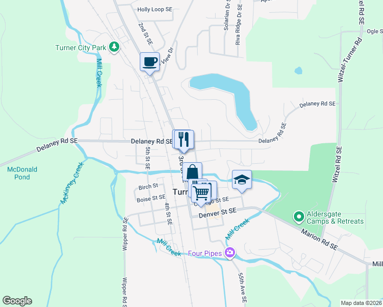 map of restaurants, bars, coffee shops, grocery stores, and more near 5284 Cedar Street Southeast in Turner