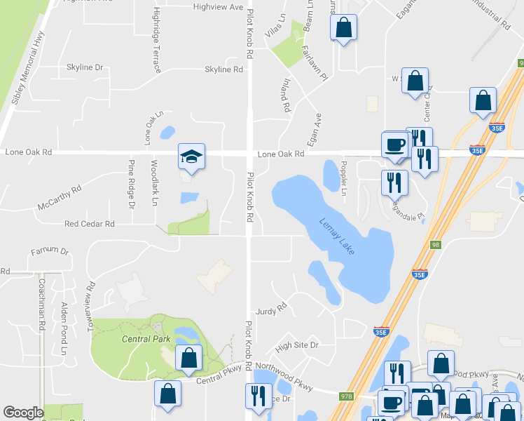 map of restaurants, bars, coffee shops, grocery stores, and more near 3060 Shields Drive in Saint Paul