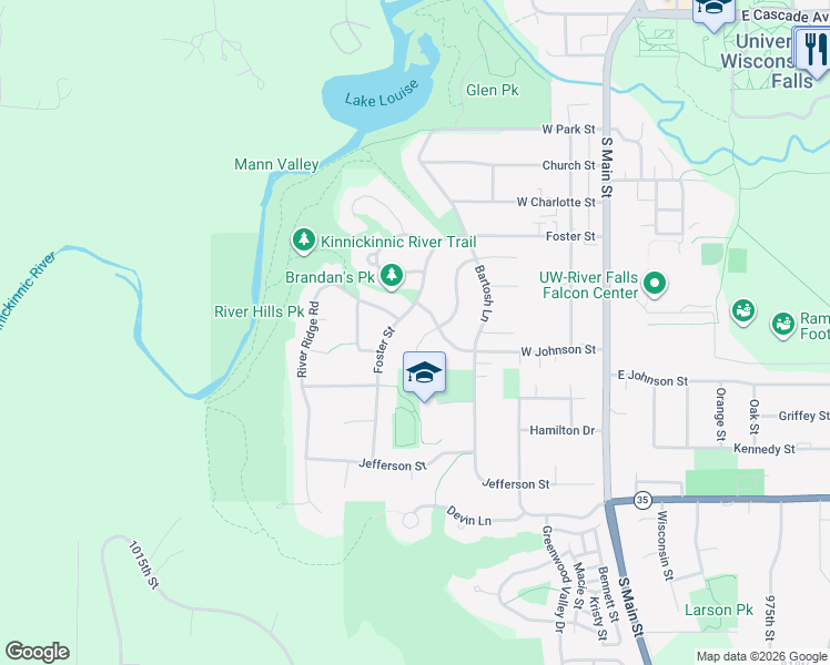 map of restaurants, bars, coffee shops, grocery stores, and more near 717 High Ridge Rd in River Falls