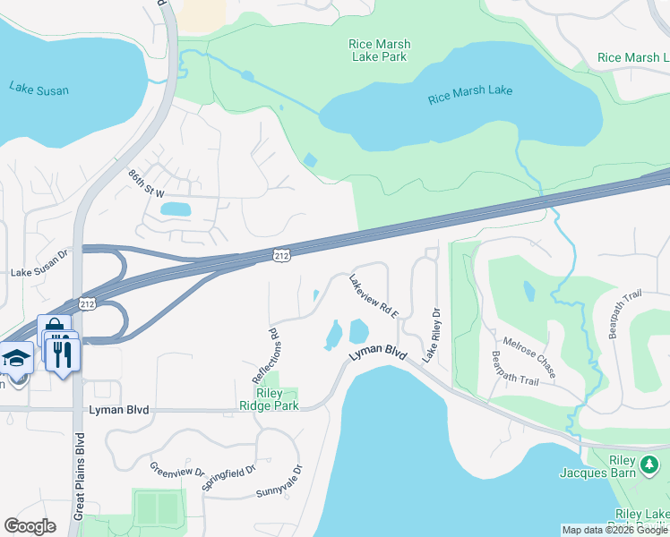 map of restaurants, bars, coffee shops, grocery stores, and more near 185 Lakeview Road East in Chanhassen