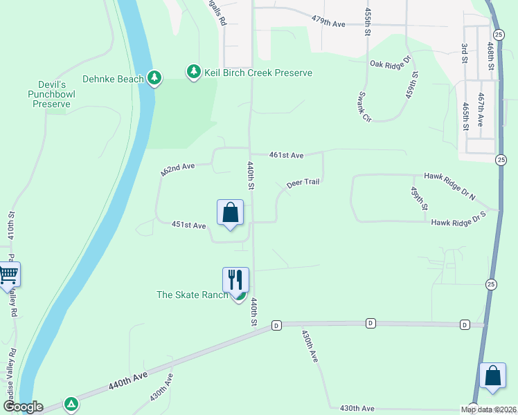 map of restaurants, bars, coffee shops, grocery stores, and more near N4548 440th Street in Menomonie