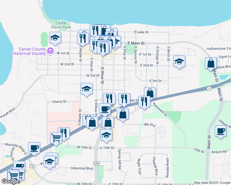 map of restaurants, bars, coffee shops, grocery stores, and more near 409 South Elm Street in Waconia