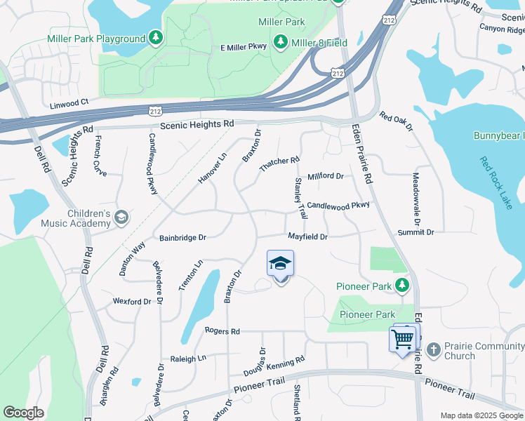 map of restaurants, bars, coffee shops, grocery stores, and more near Candlewood Parkway in Eden Prairie