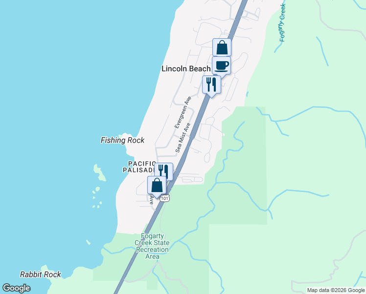 map of restaurants, bars, coffee shops, grocery stores, and more near 3560 Sea Mist Avenue in Depoe Bay