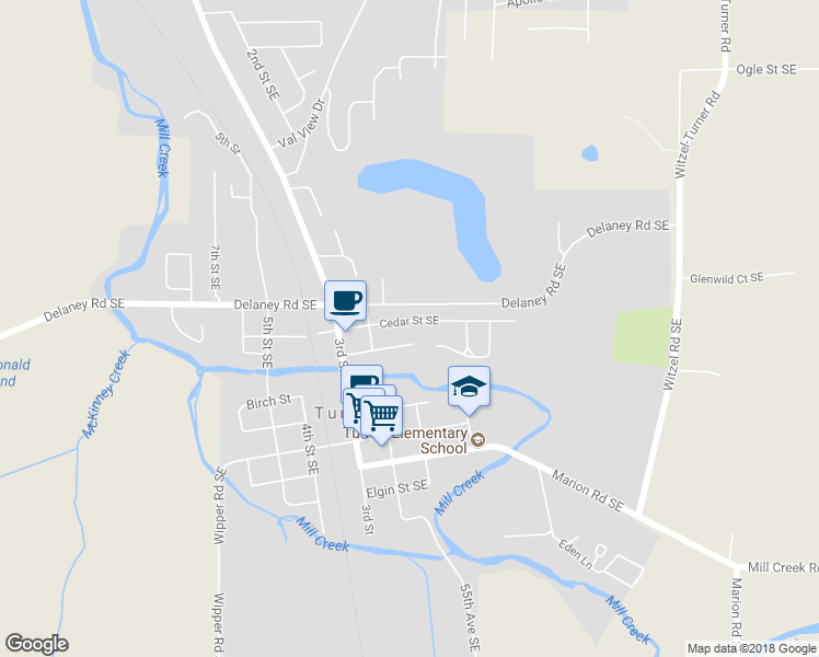 map of restaurants, bars, coffee shops, grocery stores, and more near 5436 Cedar Street Southeast in Turner