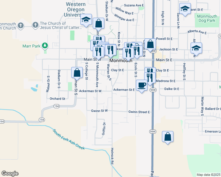 map of restaurants, bars, coffee shops, grocery stores, and more near 120 Ackerman Street East in Monmouth