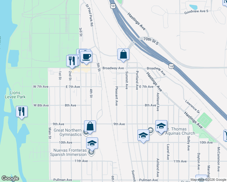 map of restaurants, bars, coffee shops, grocery stores, and more near 717 Pleasant Avenue in St. Paul Park