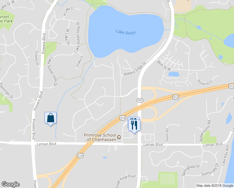 map of restaurants, bars, coffee shops, grocery stores, and more near 8715 Chanhassen Hills Drive North in Chanhassen