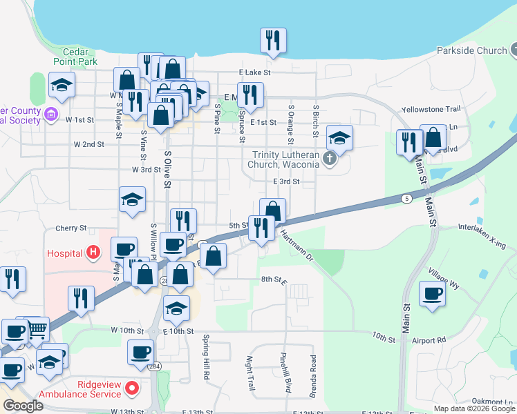 map of restaurants, bars, coffee shops, grocery stores, and more near 401 South Oak Street in Waconia