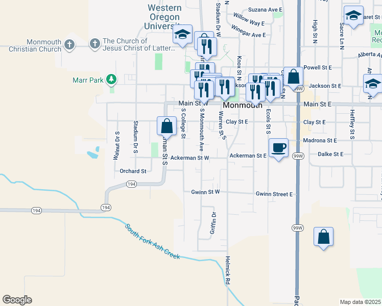 map of restaurants, bars, coffee shops, grocery stores, and more near 254 Ackerman Street West in Monmouth