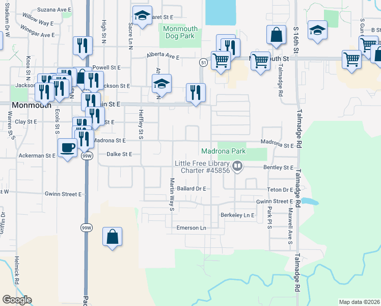 map of restaurants, bars, coffee shops, grocery stores, and more near 359 Glen Oak Court East in Monmouth
