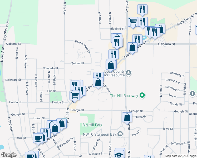 map of restaurants, bars, coffee shops, grocery stores, and more near 1032 Egg Harbor Road in Sturgeon Bay