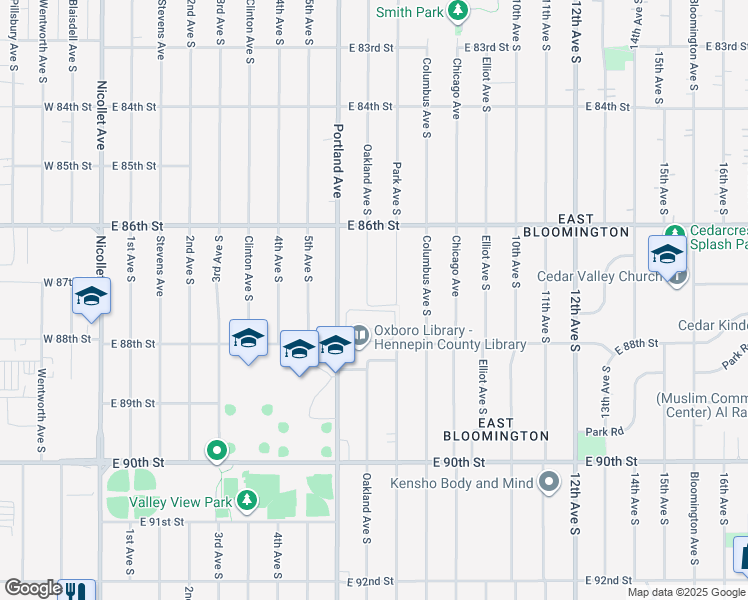 map of restaurants, bars, coffee shops, grocery stores, and more near 8667 Oakland Avenue South in Minneapolis