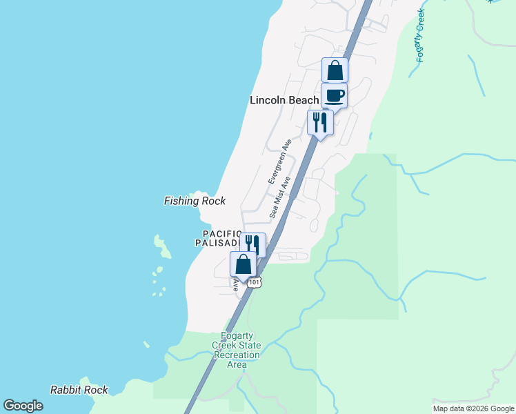 map of restaurants, bars, coffee shops, grocery stores, and more near 3550 Evergreen Avenue in Depoe Bay