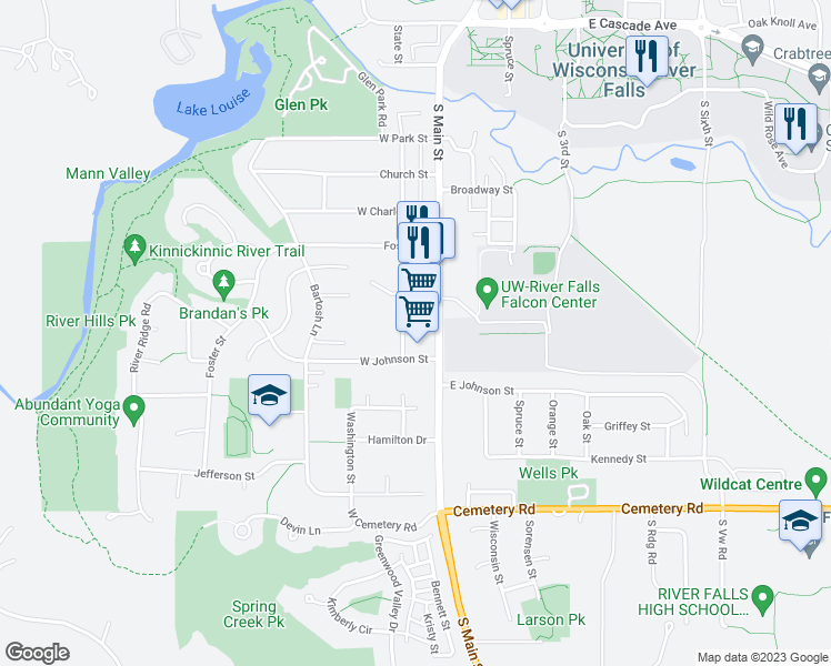 map of restaurants, bars, coffee shops, grocery stores, and more near 1131 South Main Street in River Falls
