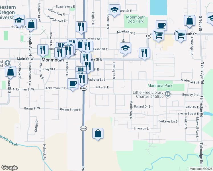 map of restaurants, bars, coffee shops, grocery stores, and more near 784 Dalke Street East in Monmouth