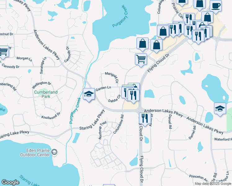 map of restaurants, bars, coffee shops, grocery stores, and more near 13000 Dahlia Circle in Eden Prairie