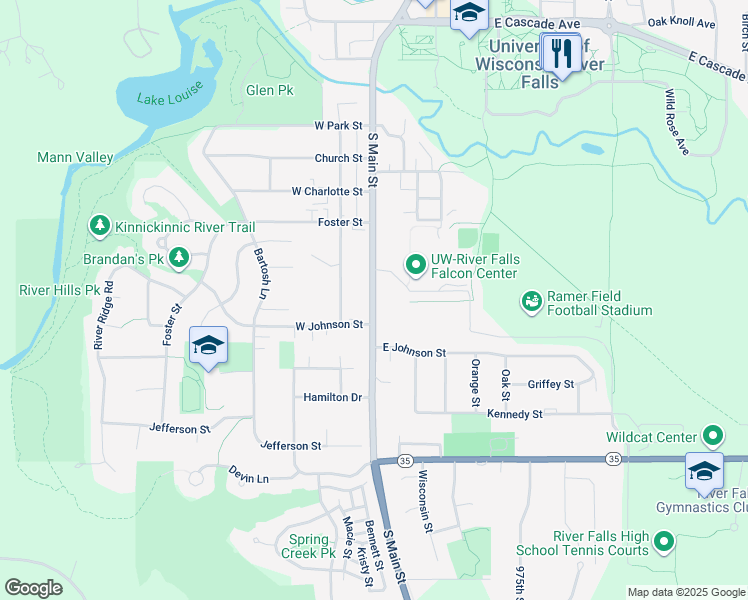 map of restaurants, bars, coffee shops, grocery stores, and more near 1129 South Main Street in River Falls