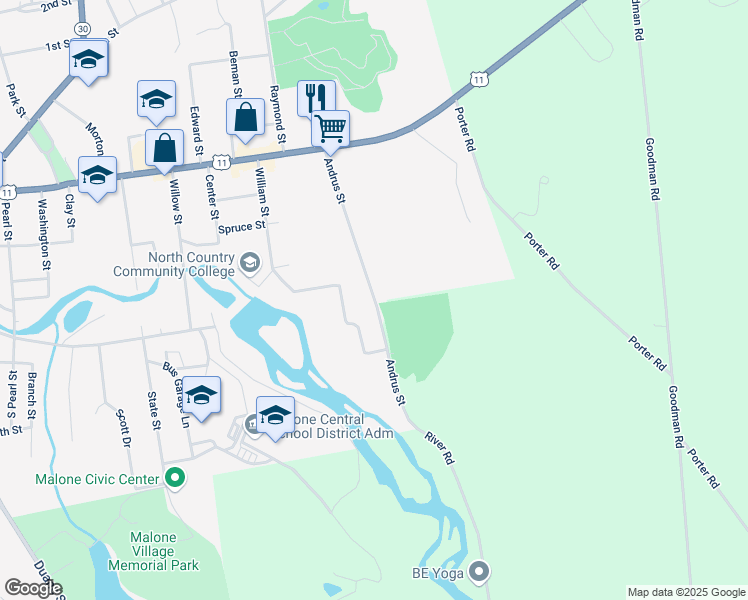 map of restaurants, bars, coffee shops, grocery stores, and more near 69 Andrus St in Malone