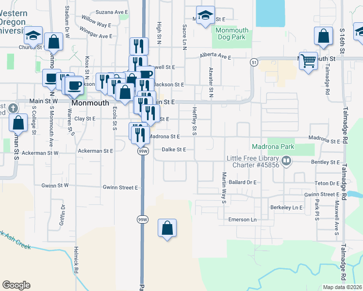 map of restaurants, bars, coffee shops, grocery stores, and more near 784 Dalke Street East in Monmouth