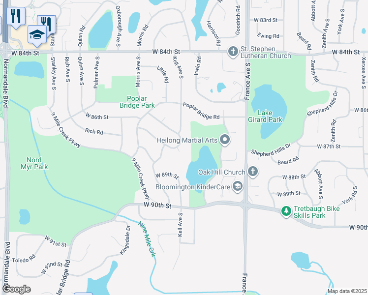 map of restaurants, bars, coffee shops, grocery stores, and more near 8633 Poplar Bridge Curve in Minneapolis