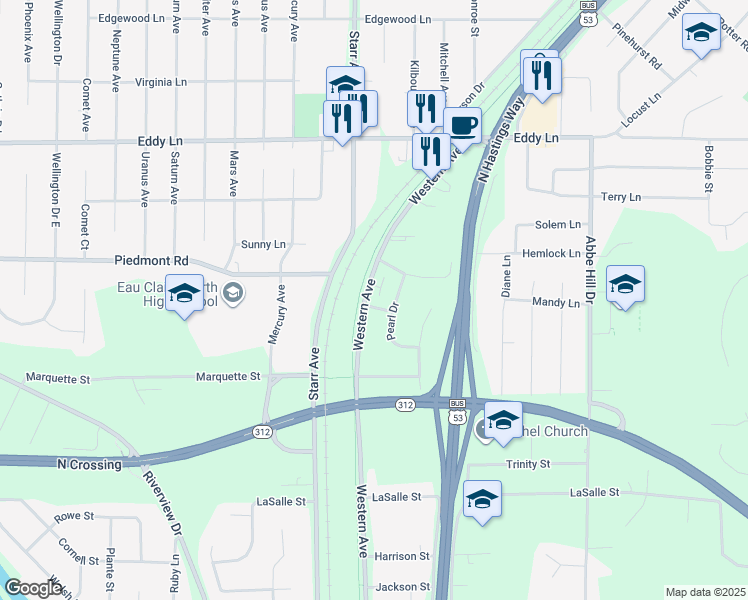 map of restaurants, bars, coffee shops, grocery stores, and more near 2665 Western Avenue in Eau Claire