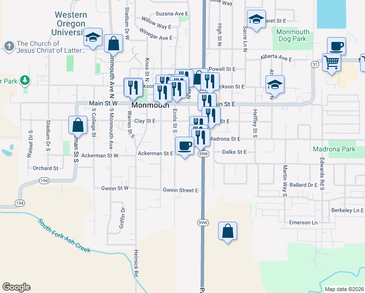 map of restaurants, bars, coffee shops, grocery stores, and more near 317 Ecols Street South in Monmouth