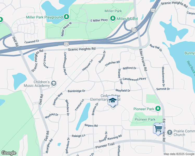 map of restaurants, bars, coffee shops, grocery stores, and more near 8688 Braxton Drive in Eden Prairie